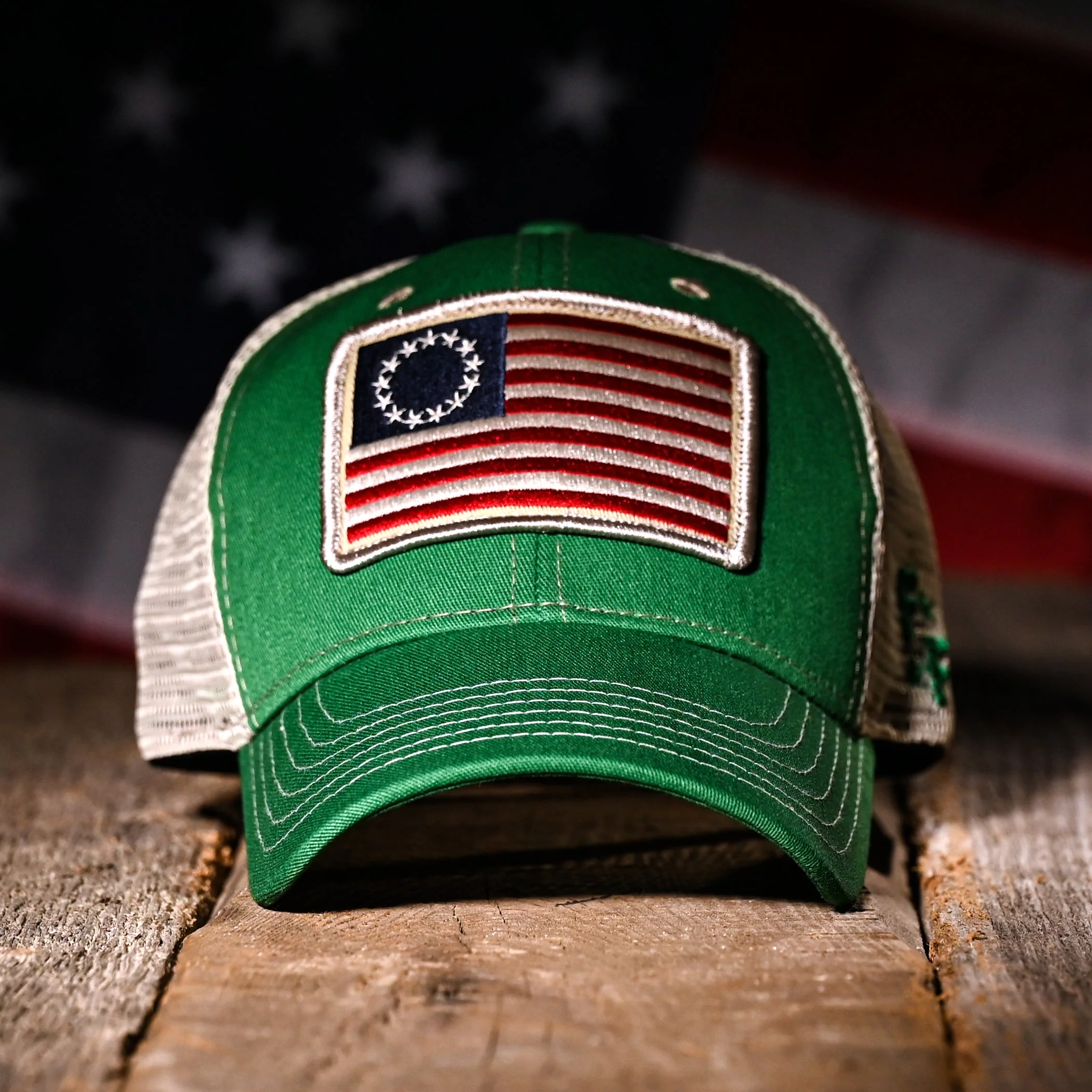 Betsy Ross Flag Patch Trucker Hat (Kelly Green) - Image 4
