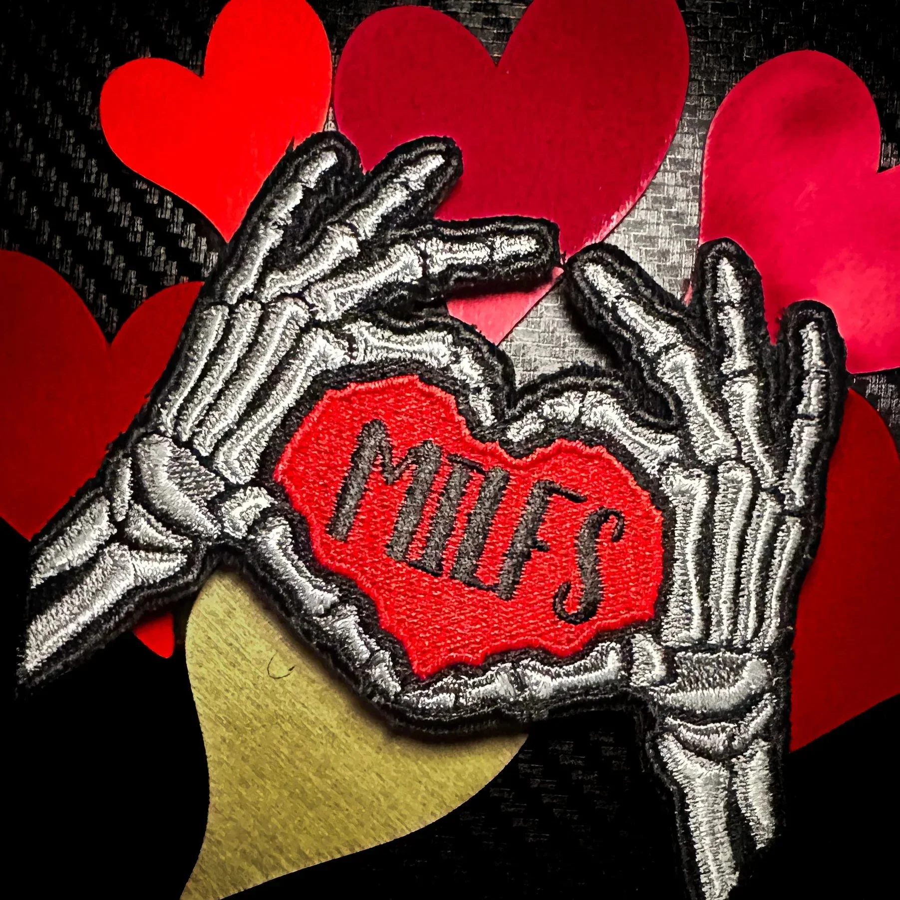 Everyone Loves Hot Moms - Skeleton Heart Hands Love MILFS - Embroidered Patch - Image 2