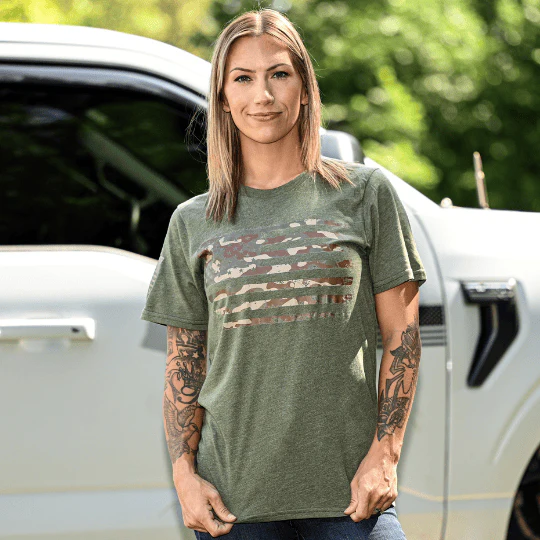 Women's Camo American Flag Patriotic Boyfriend Fit T-Shirt (Army Green) - Image 2
