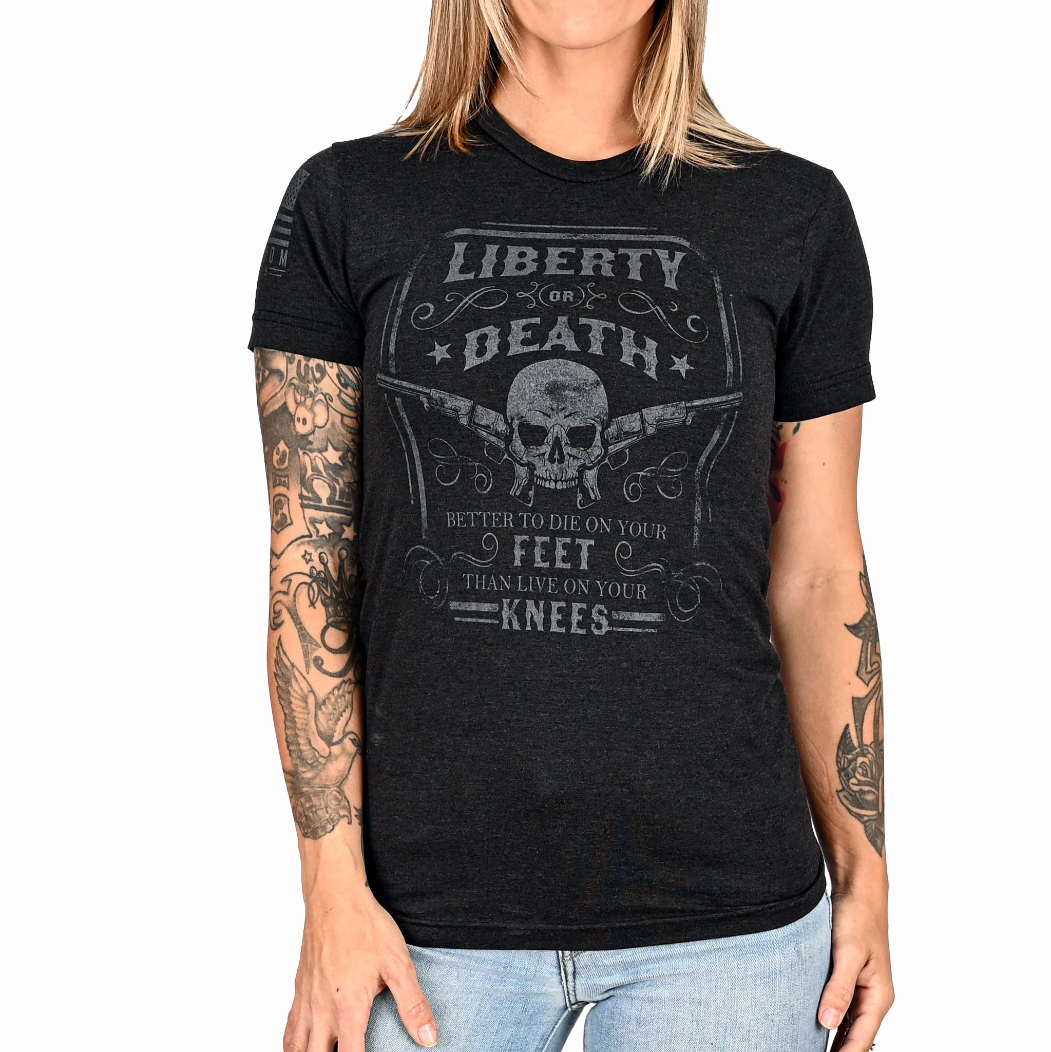 Women's Liberty or Death Patriotic Boyfriend Fit T-Shirt (Black on Black) - Image 2