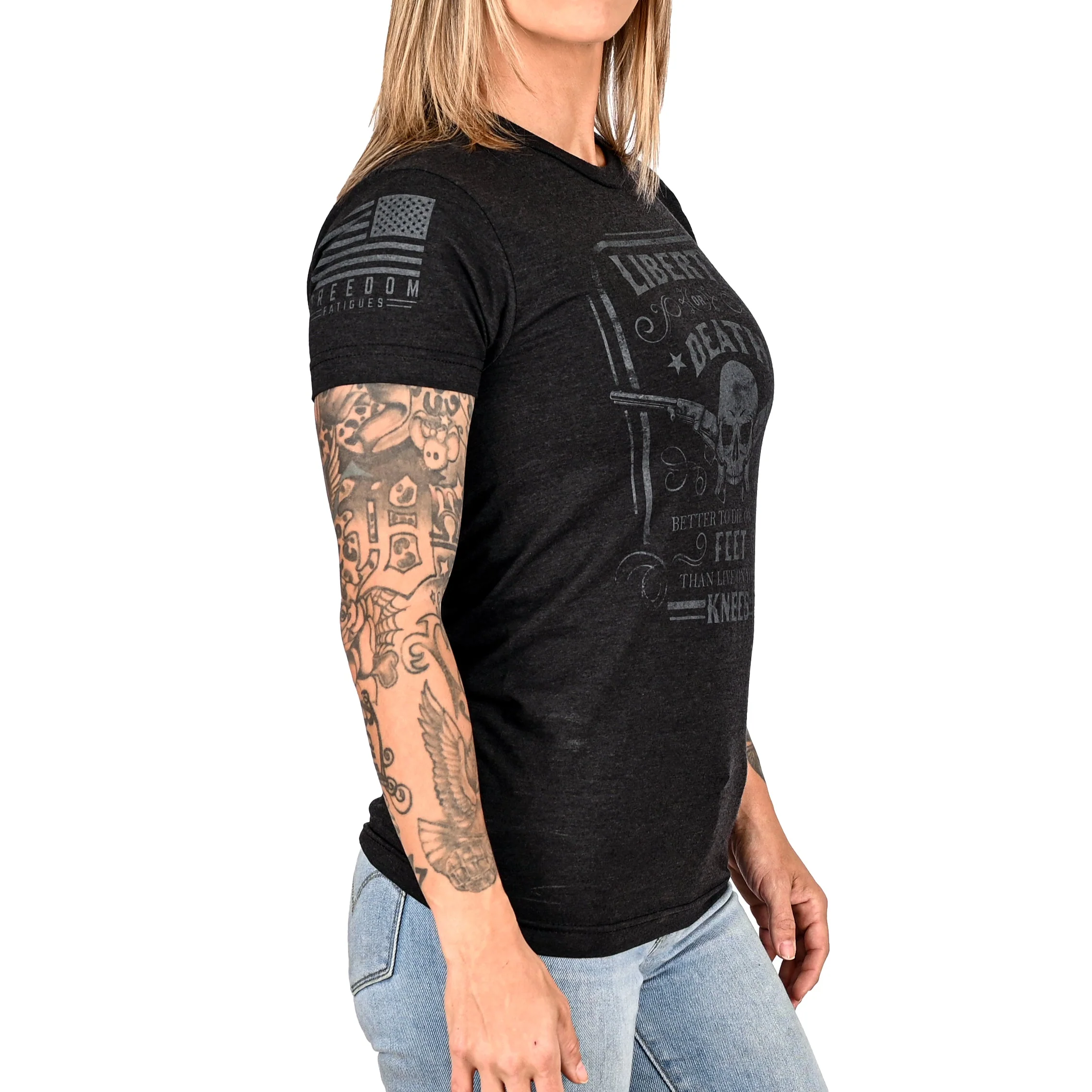 Women's Liberty or Death Patriotic Boyfriend Fit T-Shirt (Black on Black) - Image 4