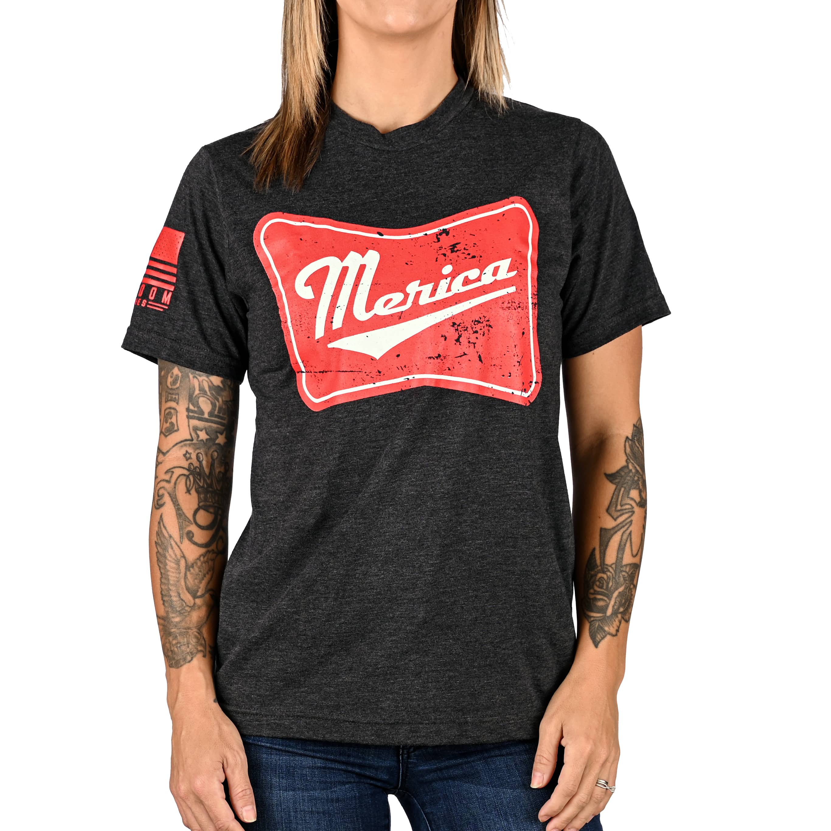 Women's 'Merica Patriotic Boyfriend Fit T-Shirt - Heather Charcoal - Image 6